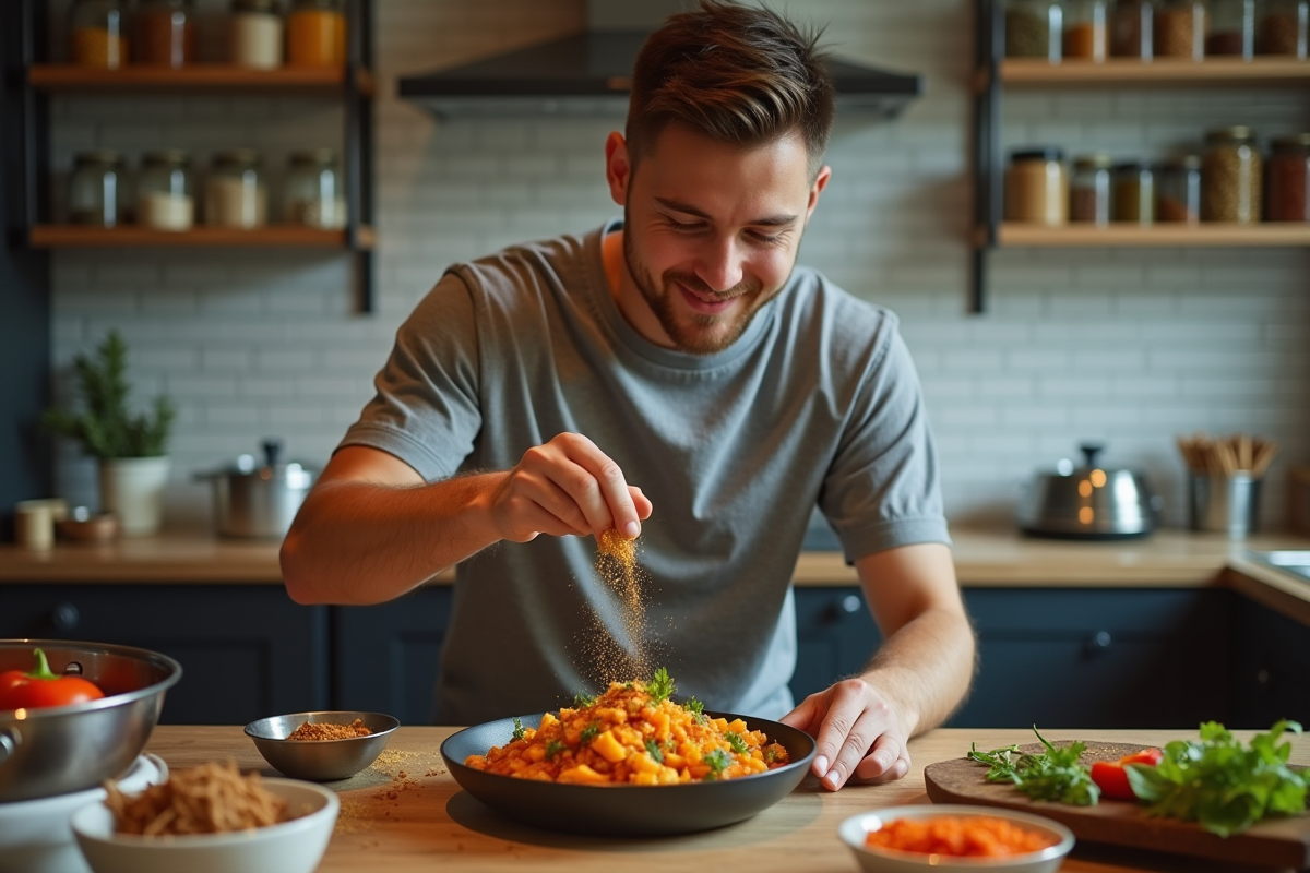 Jeune homme saupoudrant des épices sur un curry coloré
