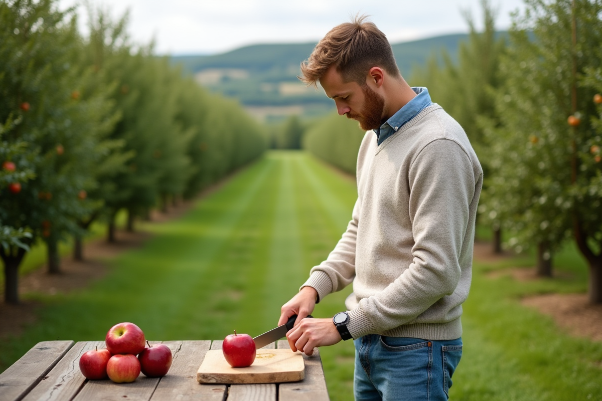 Jeune homme dans un verger avec une pomme rouge coupée