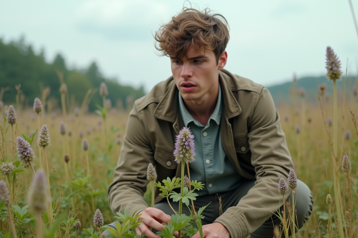 Jeune homme examine une plante médicinale dans un pré sauvage