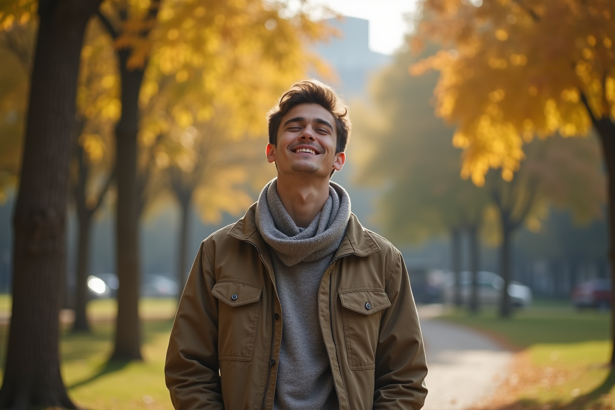 Jeune homme méditant dans un parc urbain ensoleille