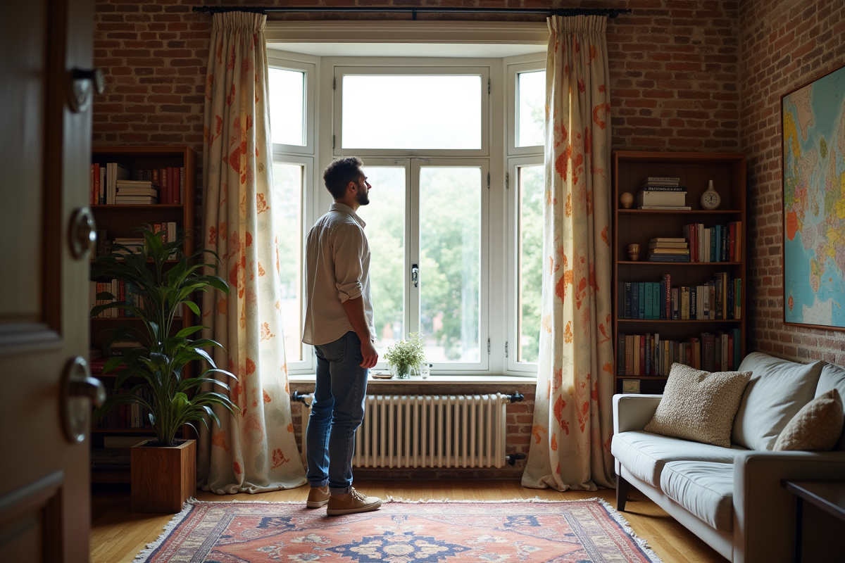 Jeune homme regardant des rideaux à motifs dans un loft
