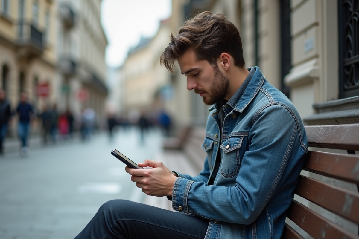 Jeune homme utilisant son smartphone en ville