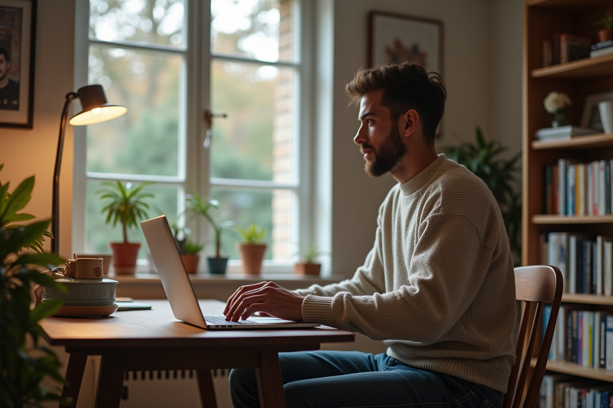 Jeune homme en visioconference dans son salon