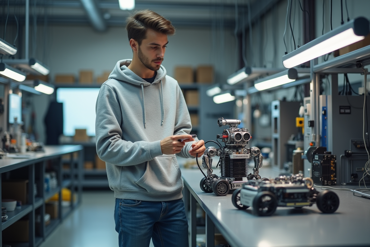 Jeune ingénieur examinant un prototype robotique en laboratoire