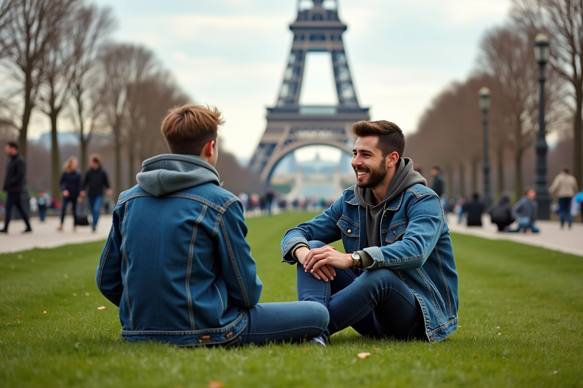 Jeunes hommes discutant près de la Tour Eiffel