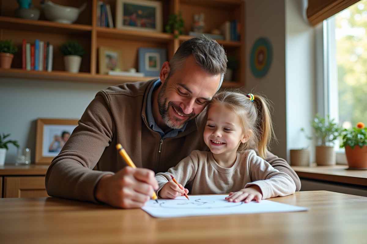 Père guidant sa fille en train de dessiner à la maison
