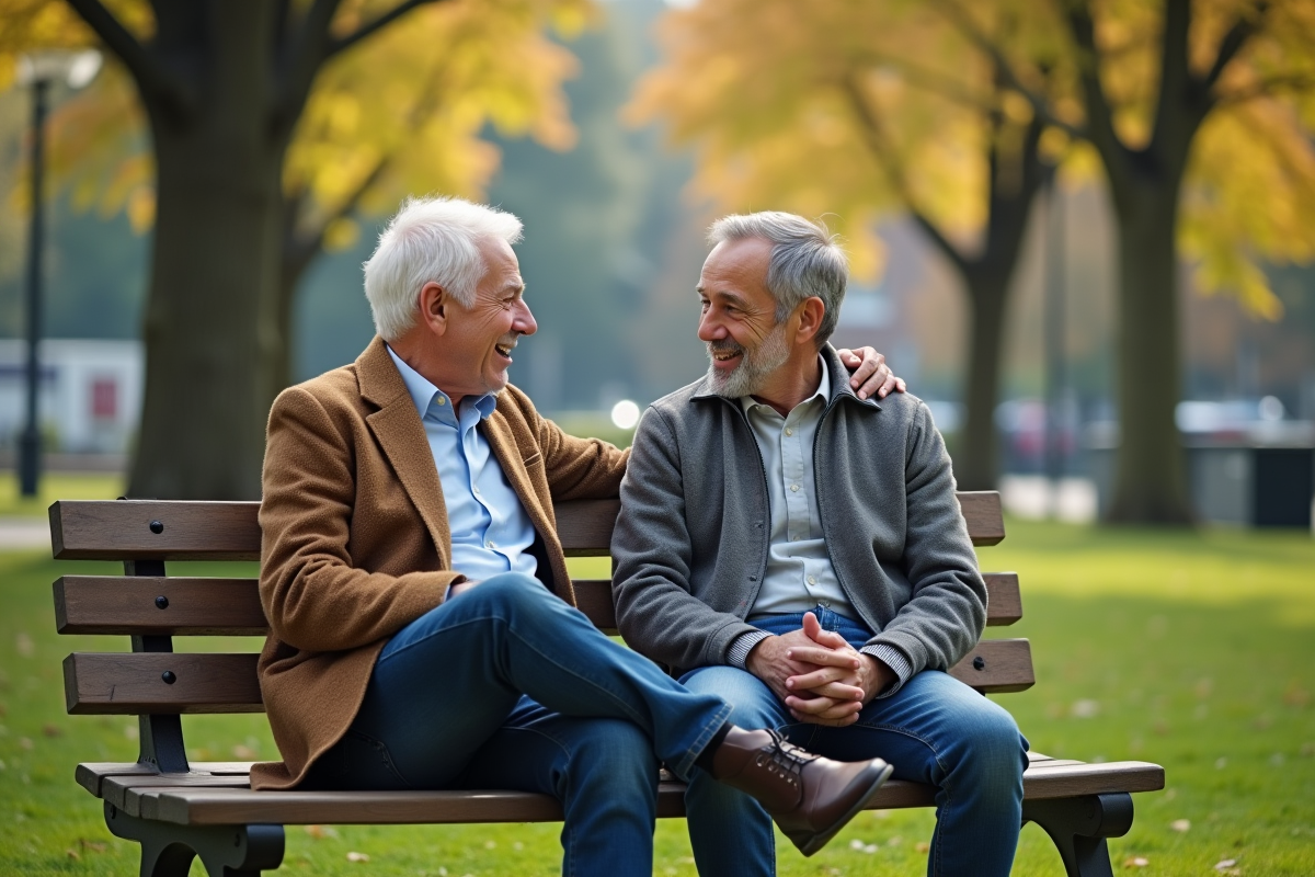 Père et fils discutant dans un parc urbain