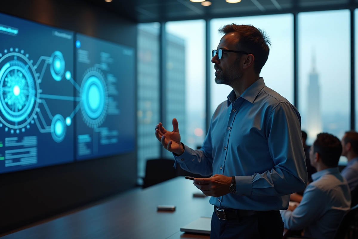 Homme présentant des modèles d