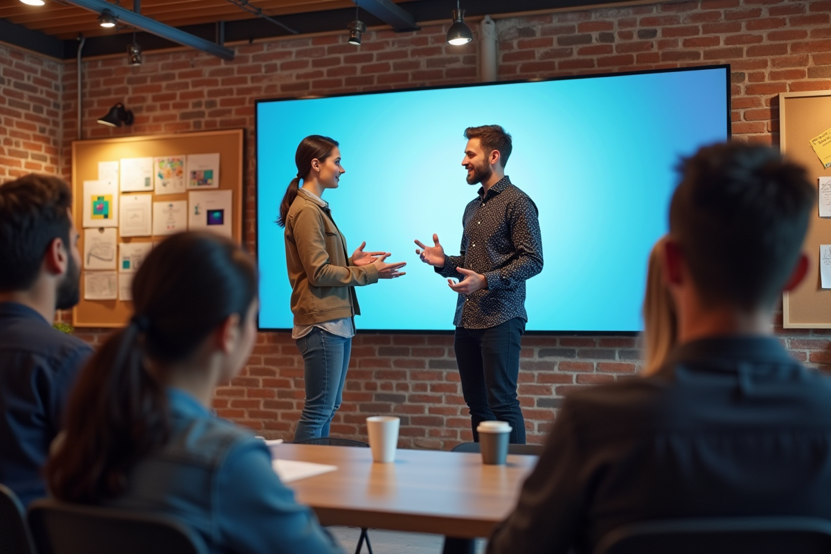 Jeunes créatifs présentant des maquettes à une audience dynamique