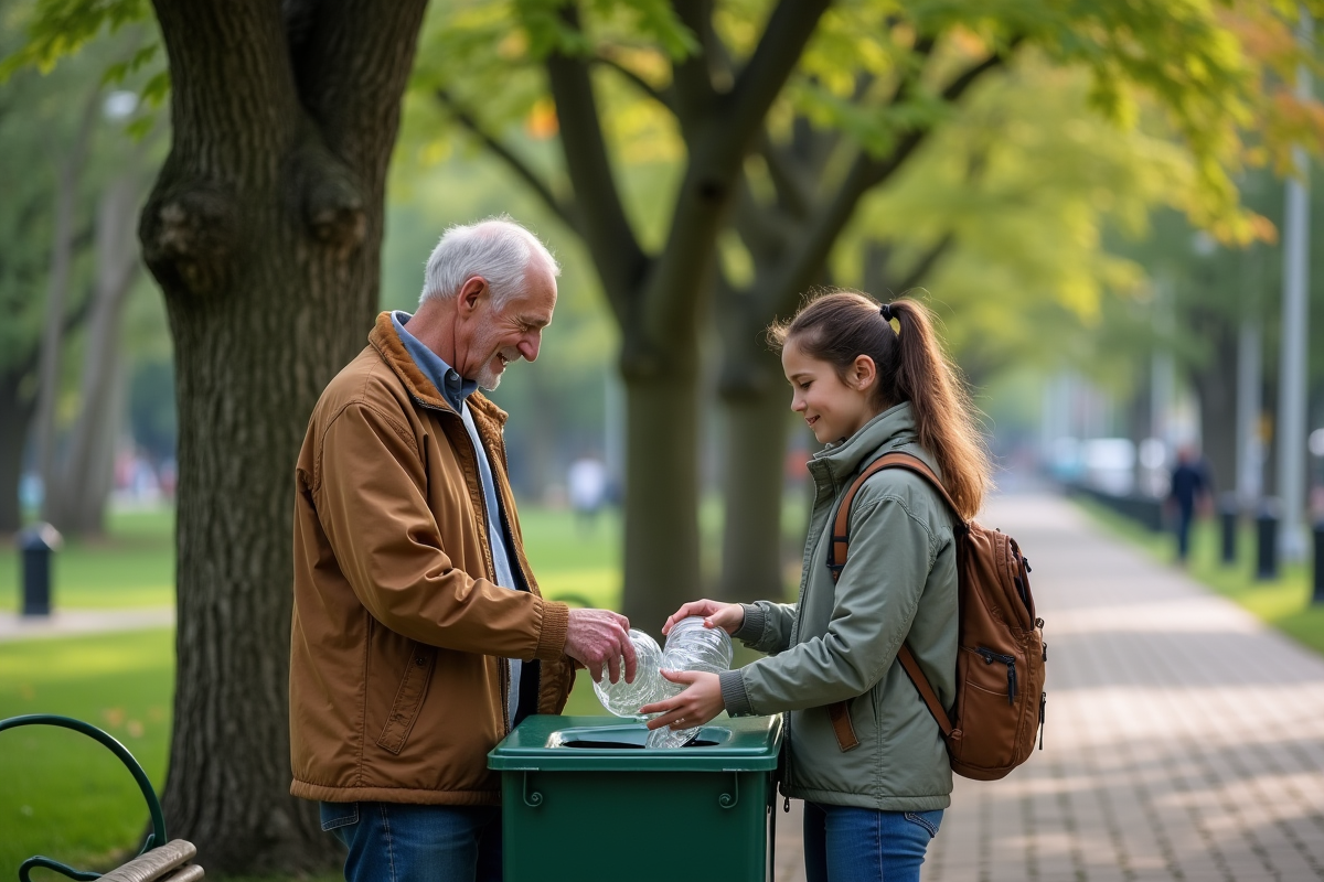 Personne déposant des verres dans une poubelle de recyclage au parc